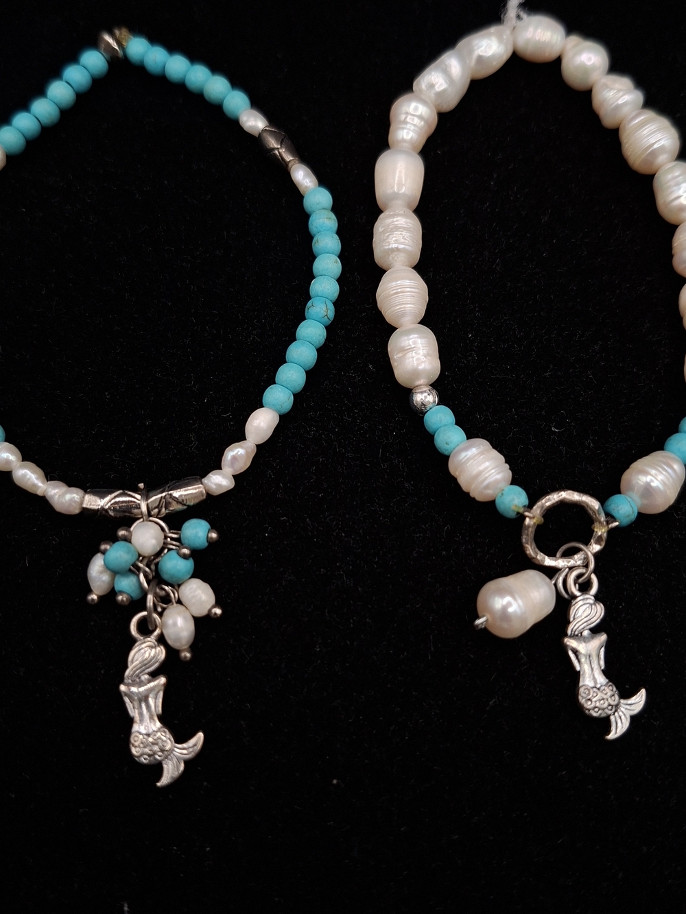 Turquoise Colored Beads & Pearl Mermaid Stretchy Charm Bracelets- Women Jewelry